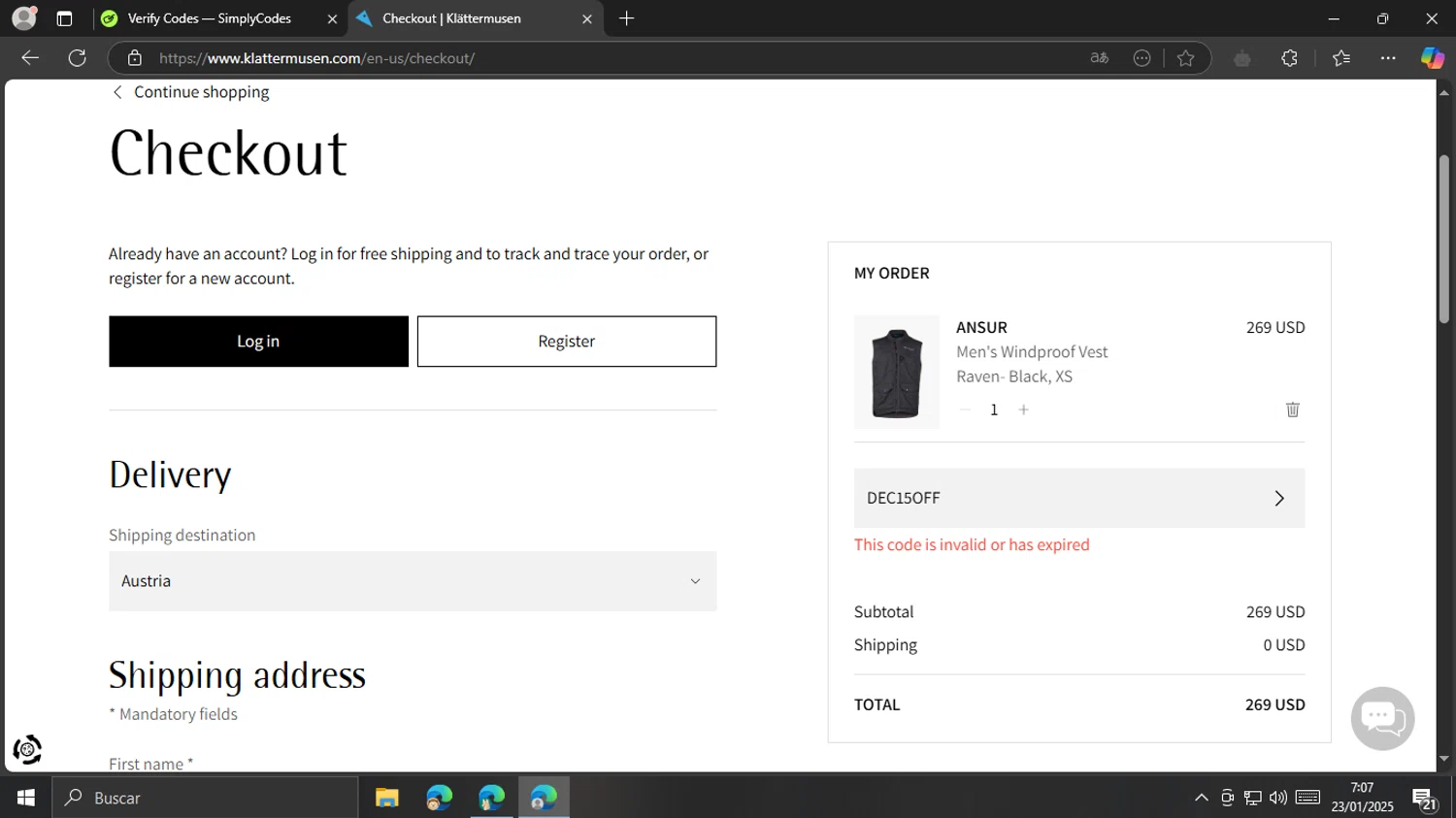 Klattermusen promo code screenshot showing code DEC15OFF applied at Klattermusen checkout page. Uploaded by SimplyCodes community member MrsPopo on Jan 23, 2025