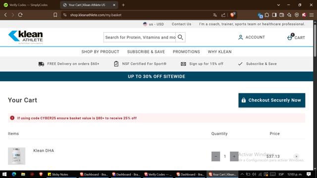 Klean Athlete checkout page showing Klean Athlete discount code box | Screenshot taken by SimplyCodes community member on Apr 22, 2025