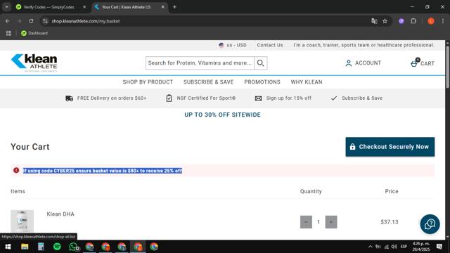 Klean Athlete checkout page showing Klean Athlete discount code box | Screenshot taken by SimplyCodes community member on Apr 29, 2025