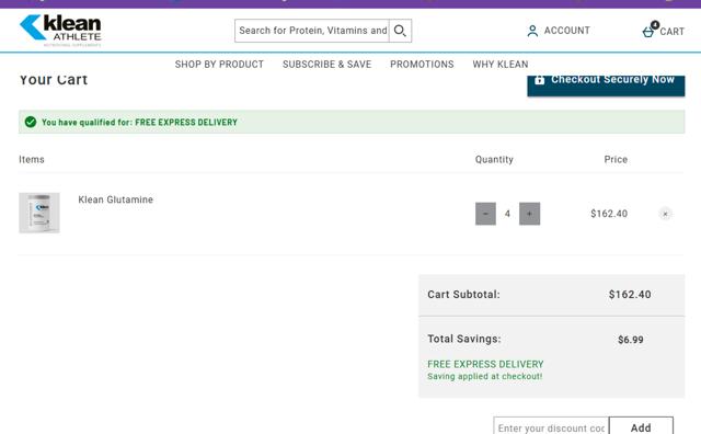 Klean Athlete checkout page showing Klean Athlete discount code box | Screenshot taken by SimplyCodes community member on May 16, 2025
