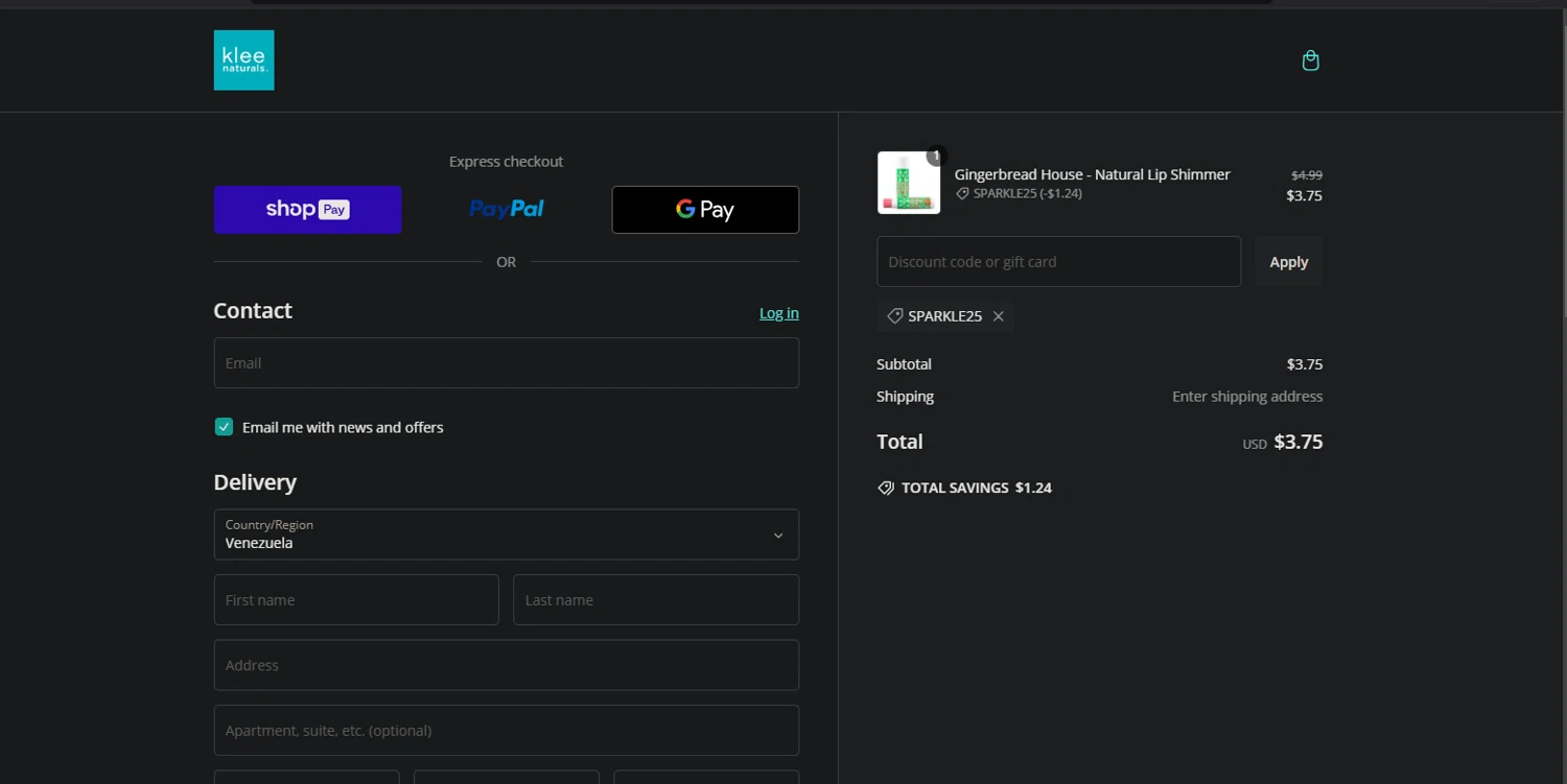 Klee Naturals checkout page showing Klee Naturals coupon code box | Screenshot taken by SimplyCodes community member on Jan 23, 2025