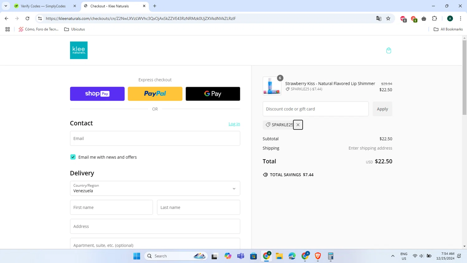 Klee Naturals checkout page showing Klee Naturals coupon code box | Screenshot taken by SimplyCodes community member on Dec 25, 2024