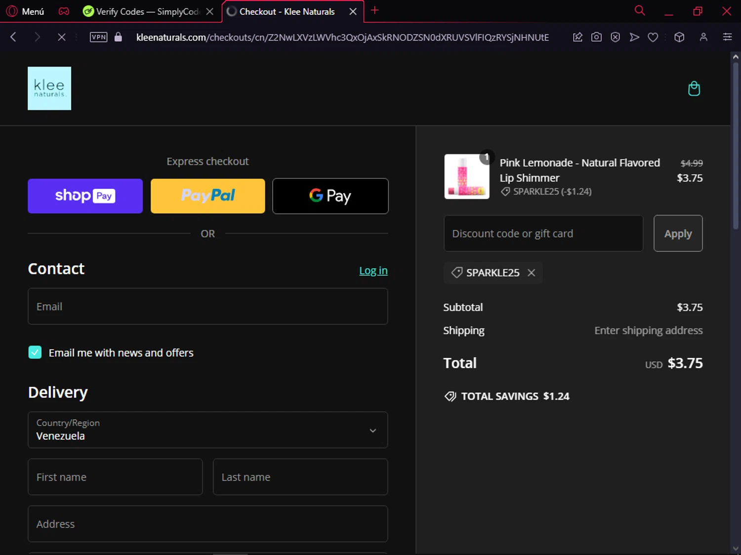Klee Naturals checkout page showing Klee Naturals coupon code box | Screenshot taken by SimplyCodes community member on Nov 26, 2024