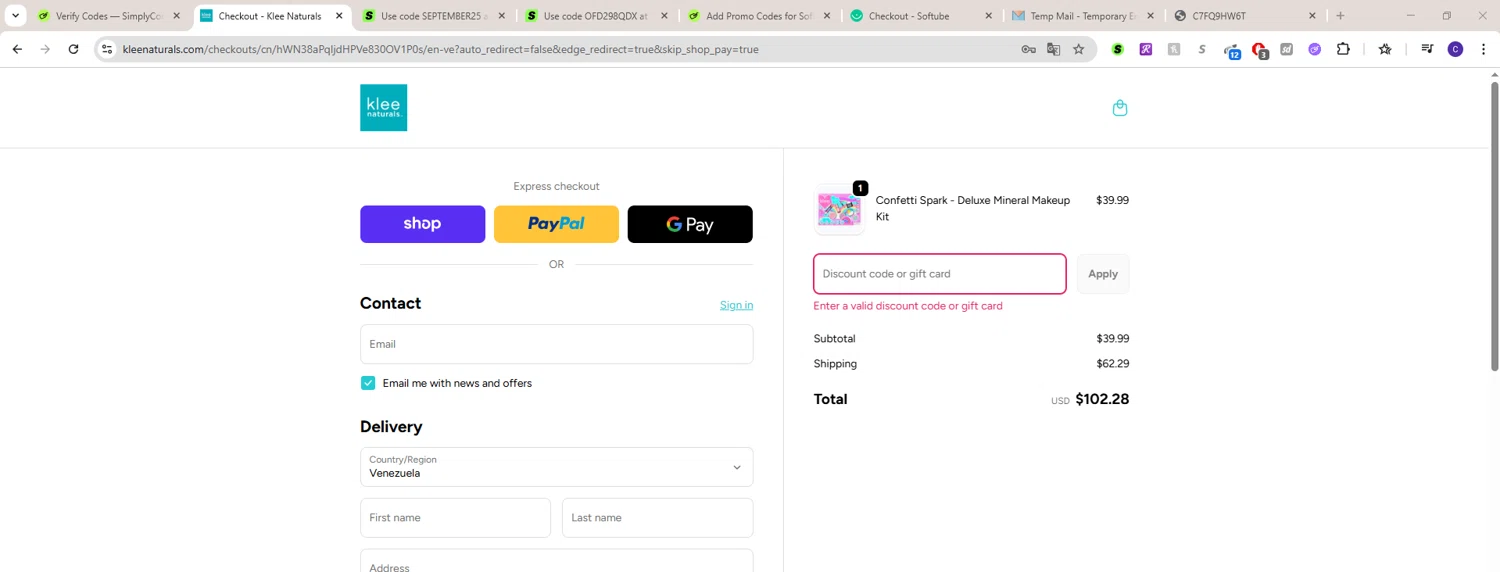 Klee Naturals coupon code screenshot showing code SPARKLES25 applied at Klee Naturals checkout page. Uploaded by SimplyCodes community member LAGUGU on Sep 19, 2025