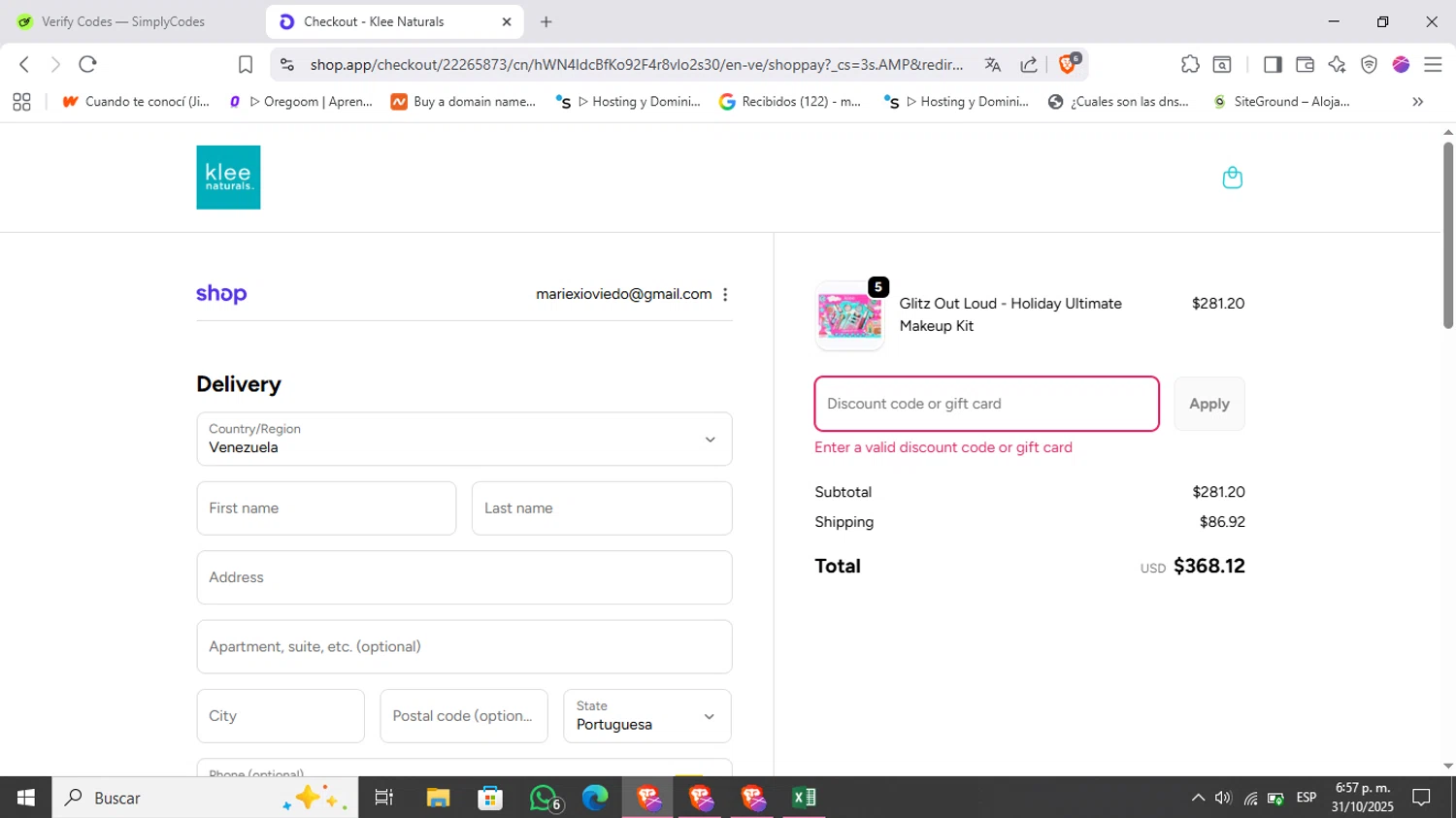 Klee Naturals coupon code screenshot showing code MORE applied at Klee Naturals checkout page. Uploaded by SimplyCodes community member Kimberly on Oct 31, 2025