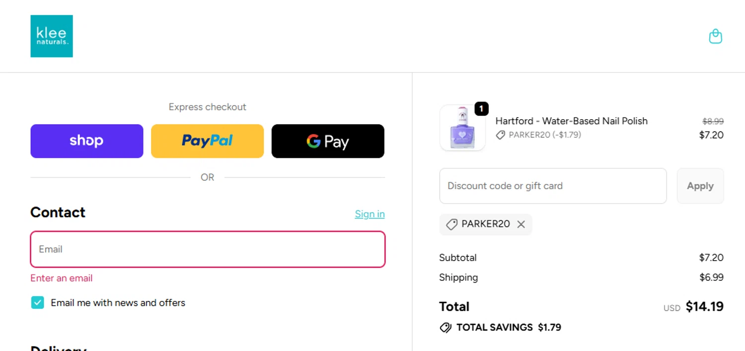 Klee Naturals coupon code screenshot showing code PARKER20 applied at Klee Naturals checkout page. Uploaded by SimplyCodes community member alfonsobriceo on Nov 17, 2025