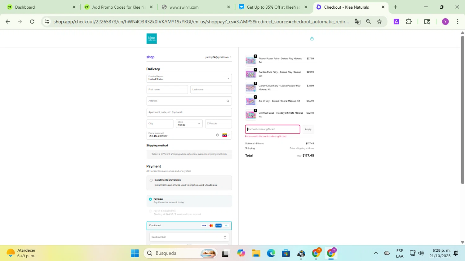 Klee Naturals coupon code screenshot showing code SPARKLES25 applied at Klee Naturals checkout page. Uploaded by SimplyCodes community member yadicg054 on Oct 21, 2025