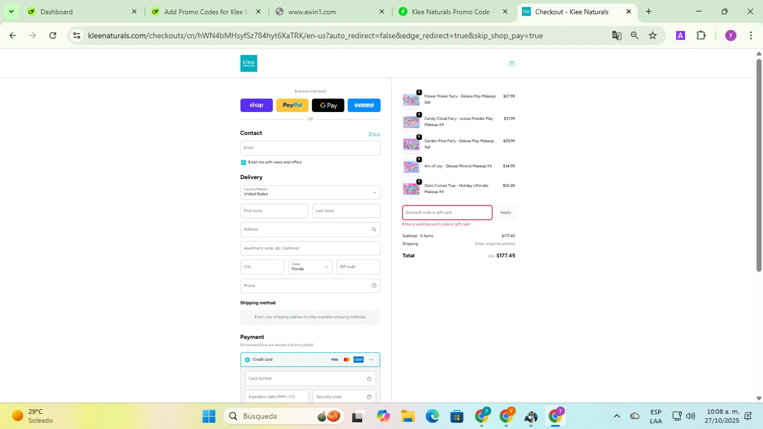 Klee Naturals coupon code screenshot showing code SPARKLE25 applied at Klee Naturals checkout page. Uploaded by SimplyCodes community member yadicg054 on Oct 27, 2025