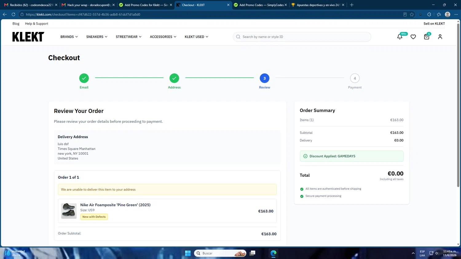 Klekt promo code screenshot showing code GAMEDAY5 applied at Klekt checkout page. Uploaded by SimplyCodes community member Mdeoca on Jun 13, 2026