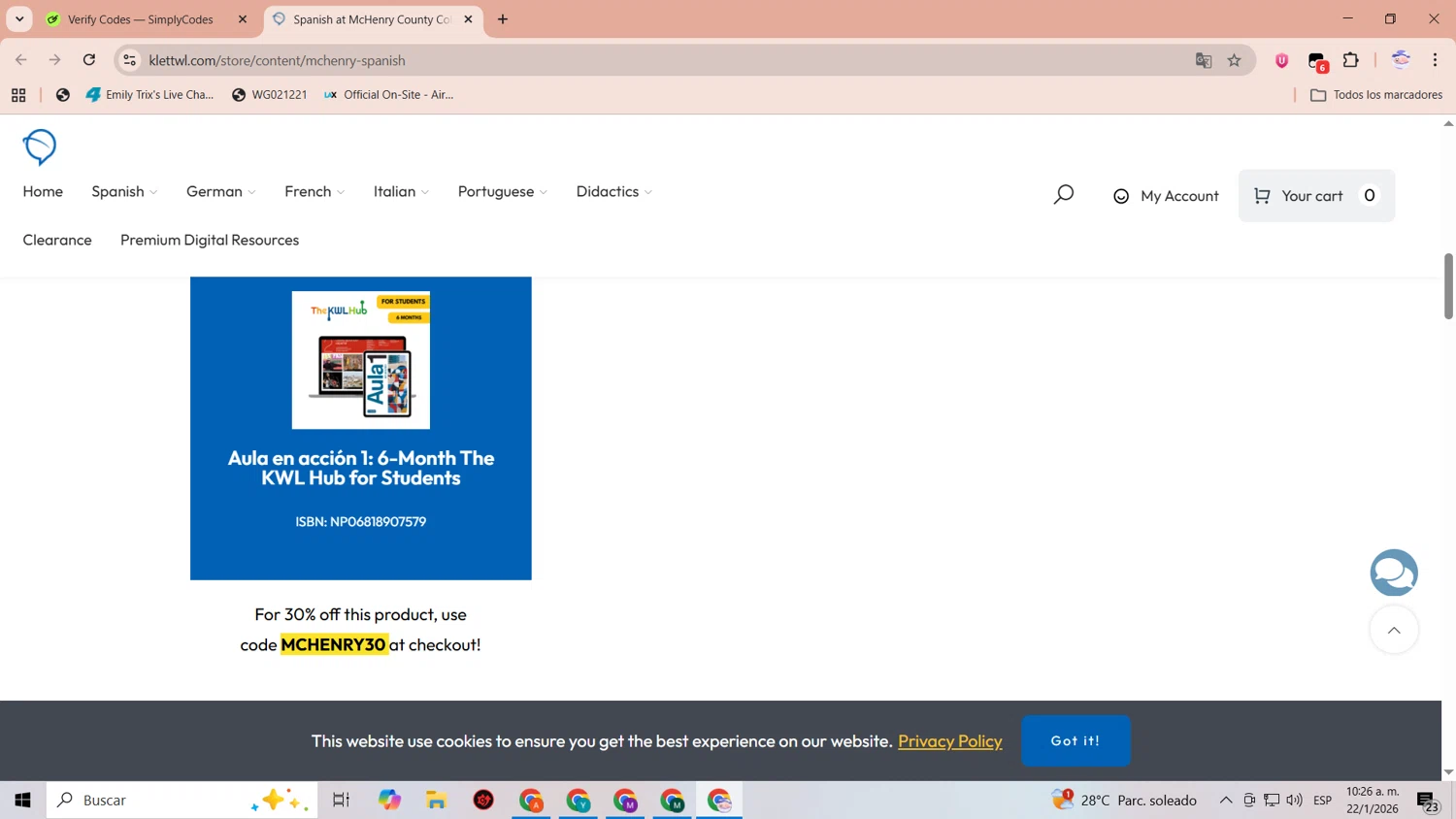 Klett World Languages promo code screenshot showing code MCHENRY30 applied at Klett World Languages checkout page. Uploaded by SimplyCodes community member CoinLegend1707 on Jan 22, 2026