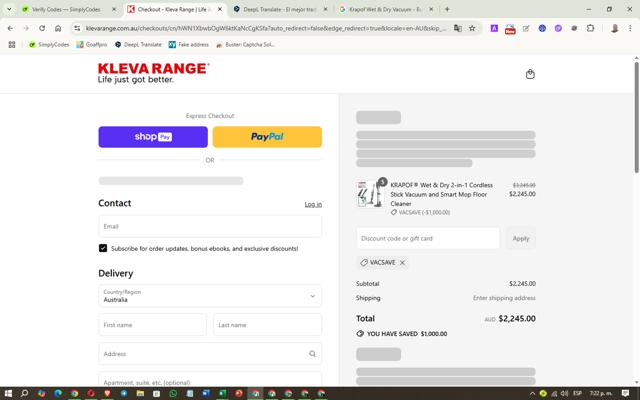 Kleva Range checkout page showing Kleva Range promo code box | Screenshot taken by SimplyCodes community member on Aug 7, 2025
