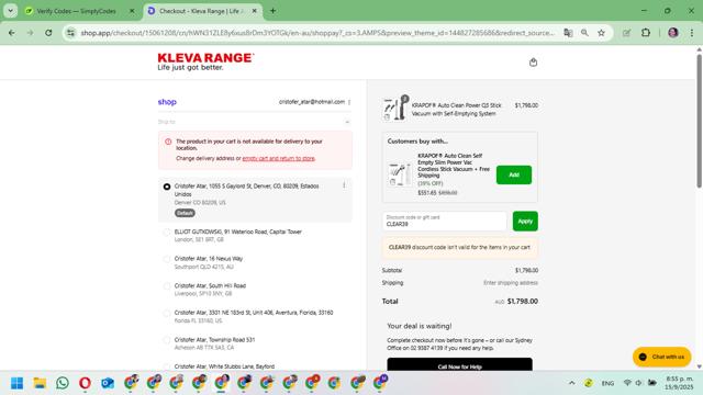 Kleva Range checkout page showing Kleva Range promo code box | Screenshot taken by SimplyCodes community member on Sep 16, 2025