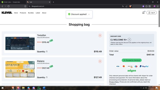 Klevgrand checkout page showing Klevgrand discount code box | Screenshot taken by SimplyCodes community member on Jun 27, 2025