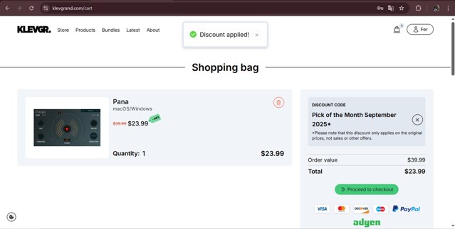 Klevgrand checkout page showing Klevgrand discount code box | Screenshot taken by SimplyCodes community member on Sep 4, 2025