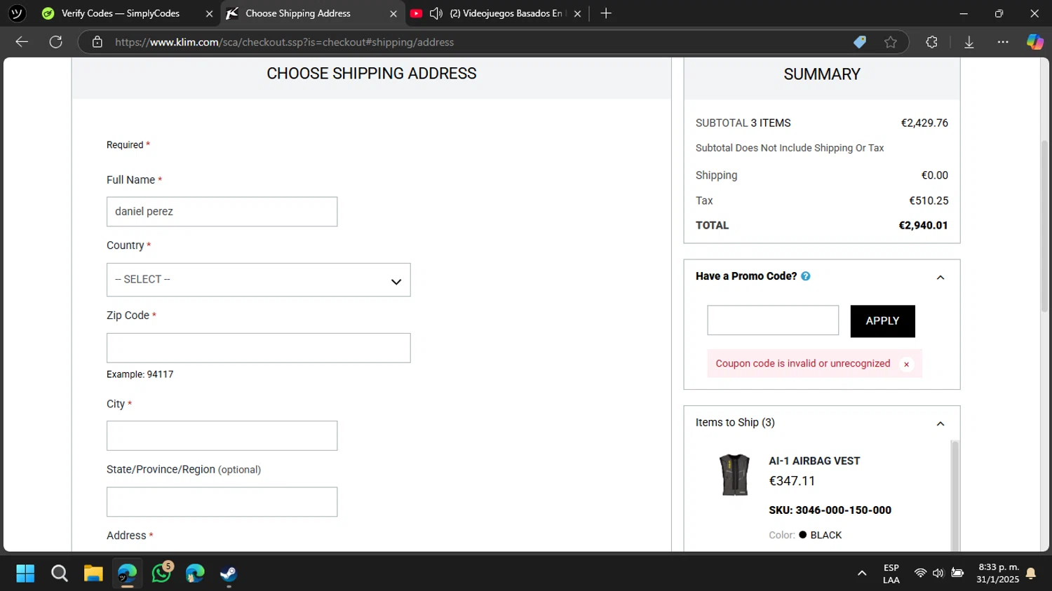 KLIM promo code screenshot showing code ai1moto applied at KLIM checkout page. Uploaded by SimplyCodes community member DanielP on Feb 1, 2025