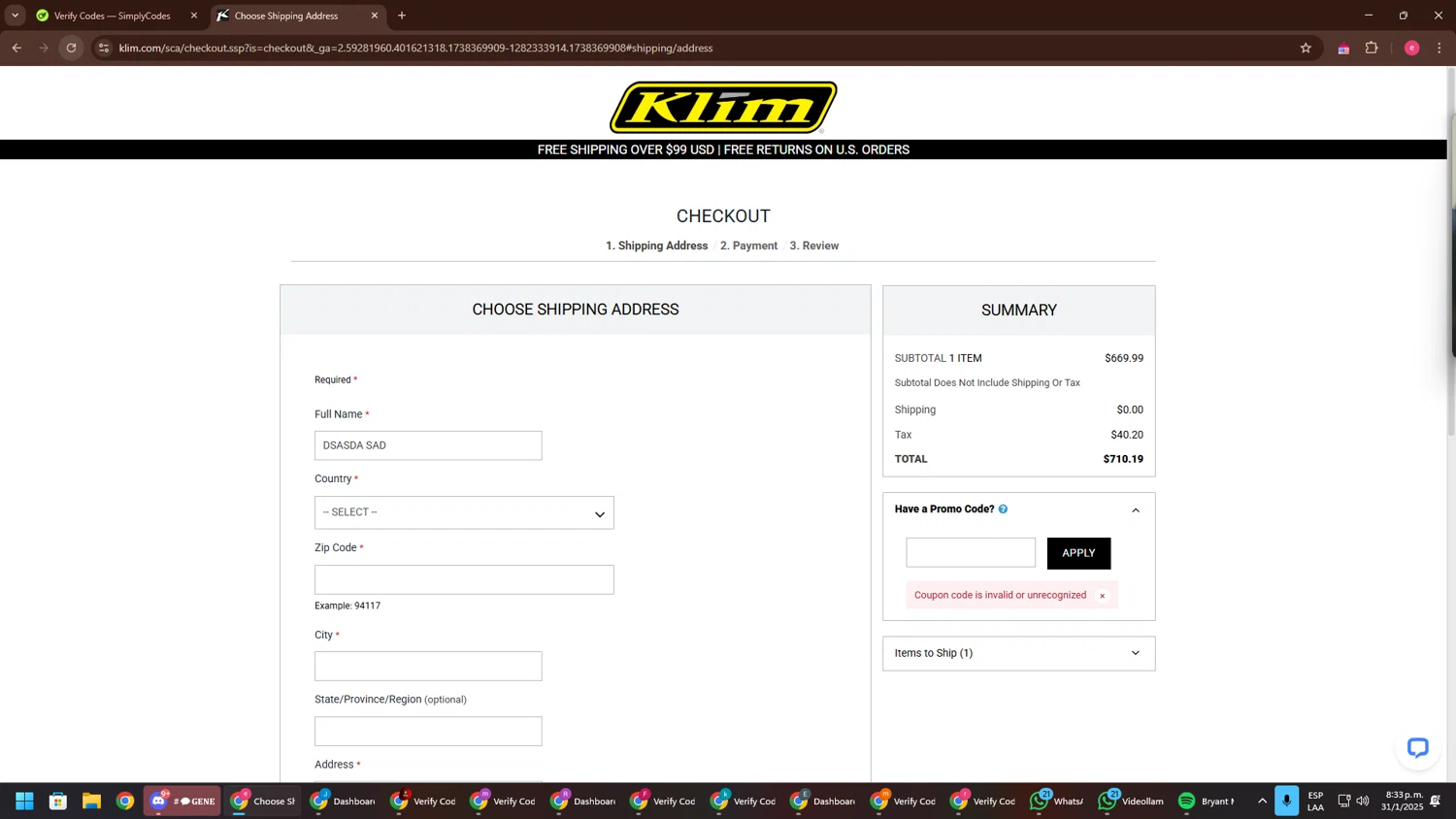 KLIM promo code screenshot showing code ai1moto applied at KLIM checkout page. Uploaded by SimplyCodes community member TreasureWarden457 on Feb 1, 2025