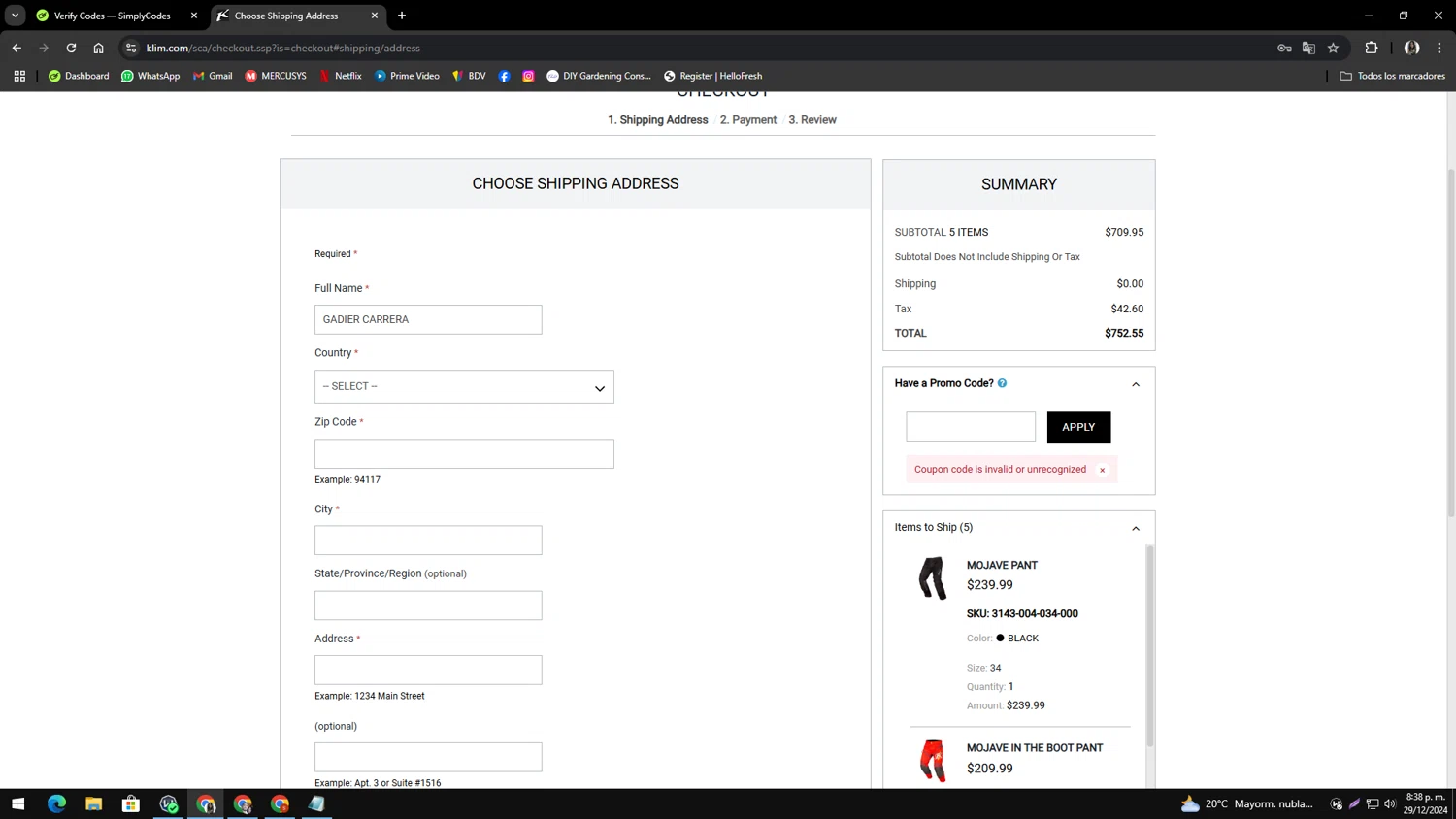 KLIM promo code screenshot showing code offroadarsenal applied at KLIM checkout page. Uploaded by SimplyCodes community member genesisgafaro on Dec 30, 2024