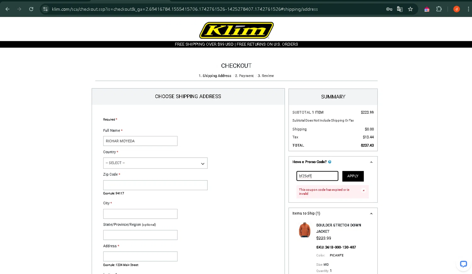 KLIM promo code screenshot showing code bf25off applied at KLIM checkout page. Uploaded by SimplyCodes community member VictoriaMoyeda on Mar 23, 2025