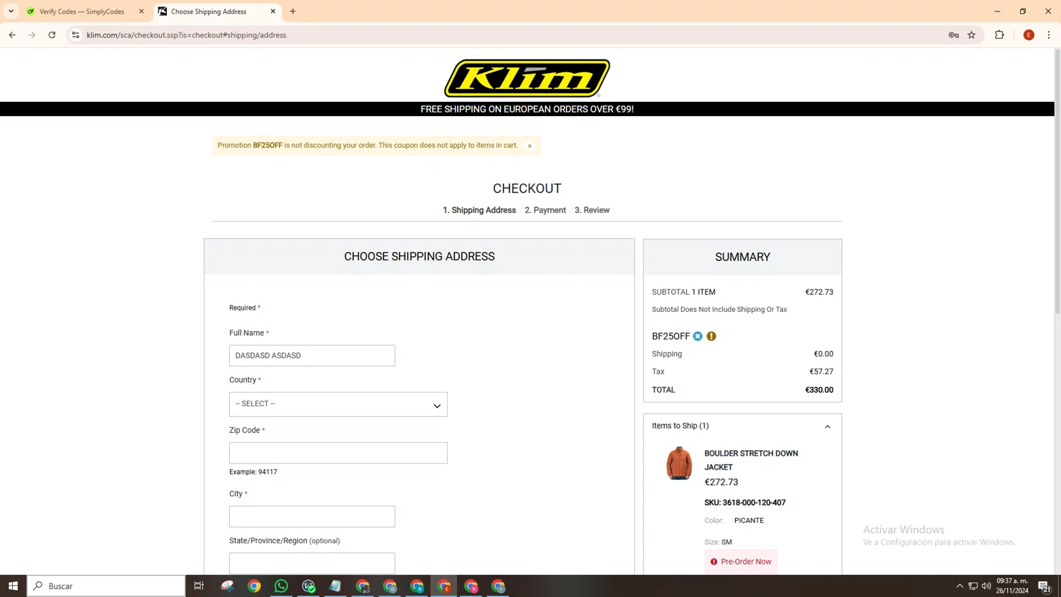 KLIM checkout page showing KLIM promo code box | Screenshot taken by SimplyCodes community member on Nov 26, 2024