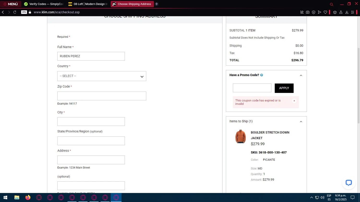 KLIM promo code screenshot showing code bf25off applied at KLIM checkout page. Uploaded by SimplyCodes community member greenvibes_ve on Feb 16, 2025