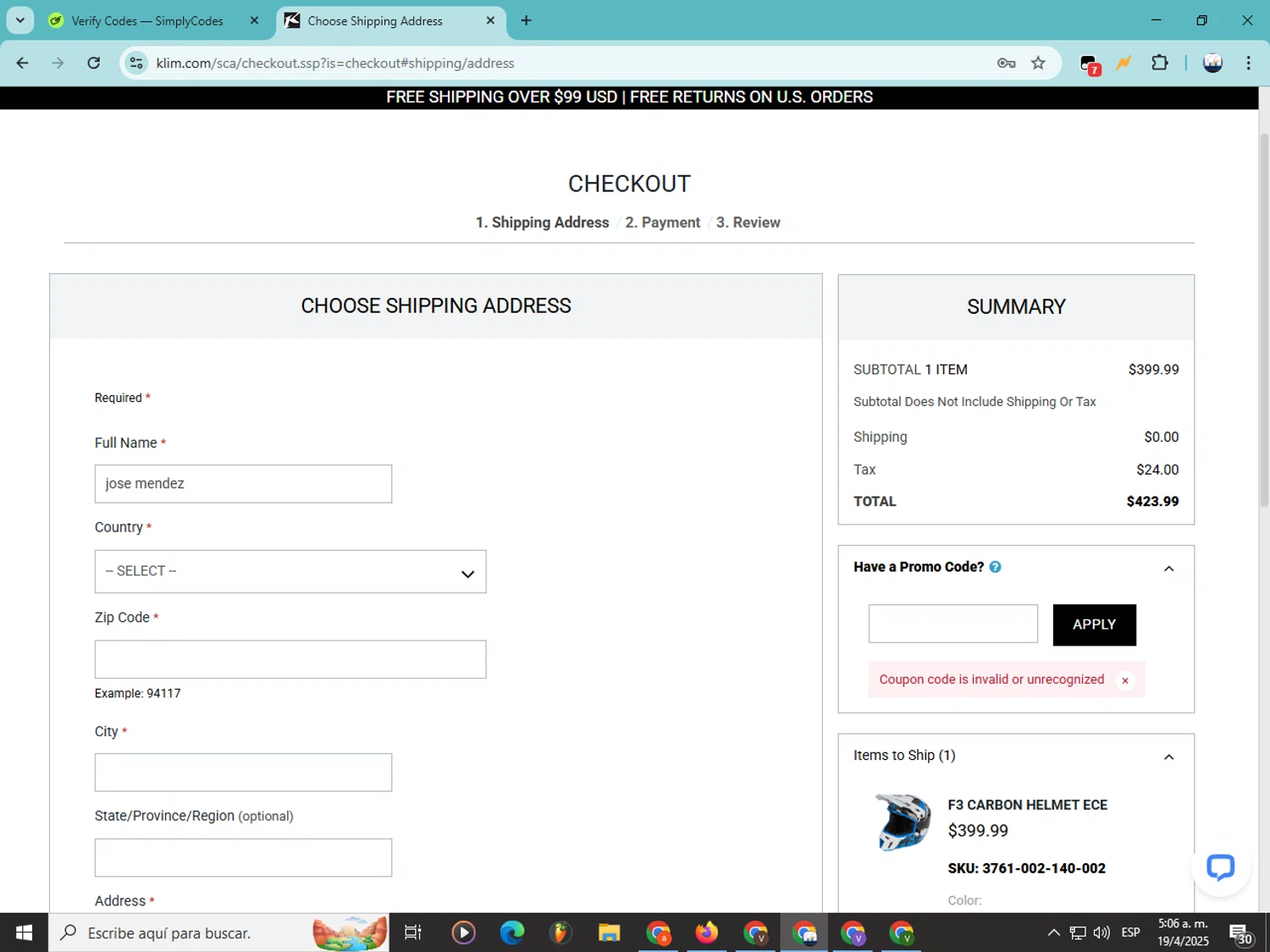 KLIM promo code screenshot showing code 3mimab25 applied at KLIM checkout page. Uploaded by SimplyCodes community member Soyvictor on Apr 19, 2025