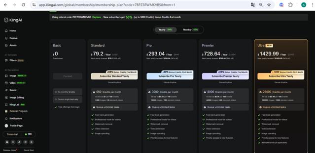 Kling AI checkout page showing Kling AI promo code box | Screenshot taken by SimplyCodes community member on Sep 11, 2025
