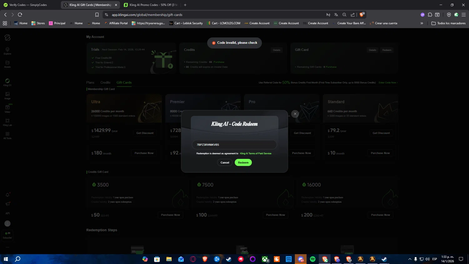 Kling AI promo code screenshot showing code 7BPZ3RWMKVB5 applied at Kling AI checkout page. Uploaded by SimplyCodes community member Nulo0000 on Jan 14, 2026