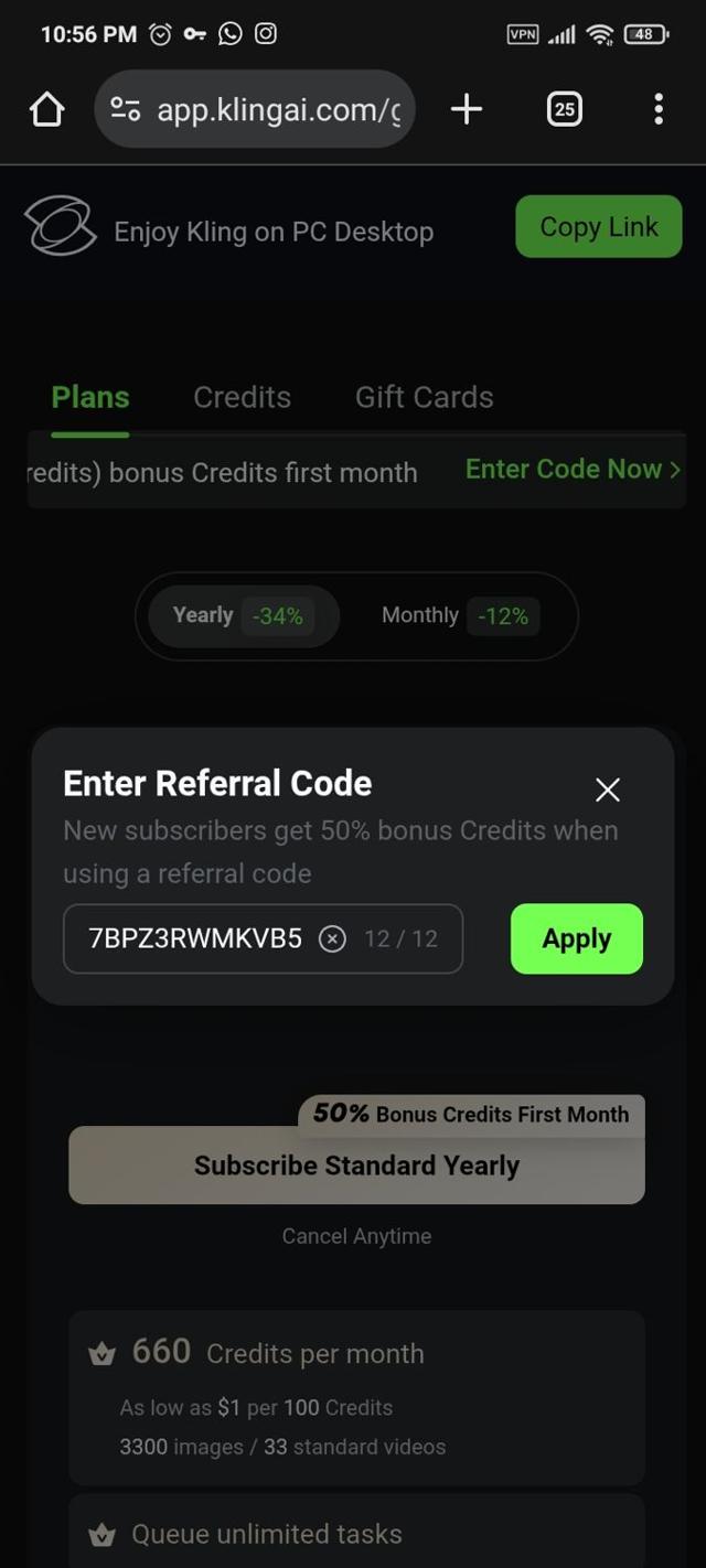 Kling AI checkout page showing Kling AI promo code box | Screenshot taken by SimplyCodes community member on Sep 4, 2025