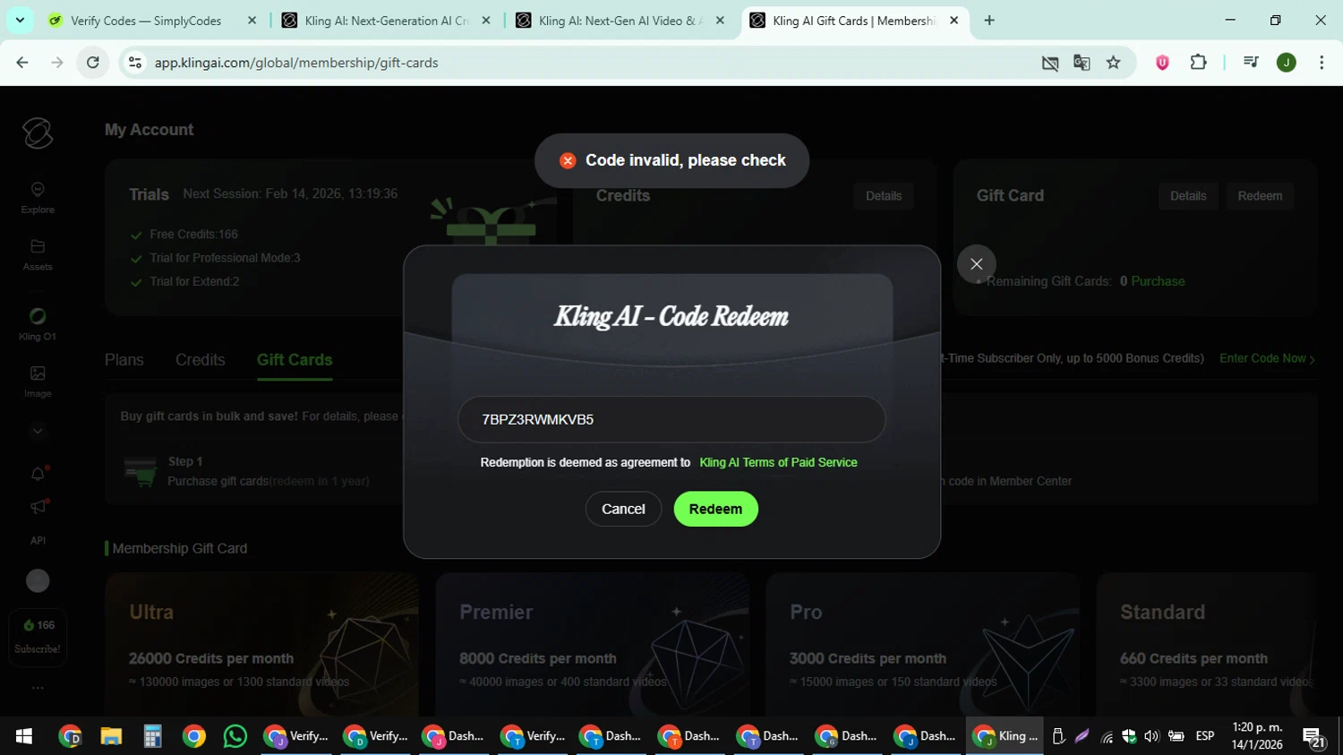 Kling AI promo code screenshot showing code 7BPZ3RWMKVB5 applied at Kling AI checkout page. Uploaded by SimplyCodes community member ShieldFinder369 on Jan 14, 2026