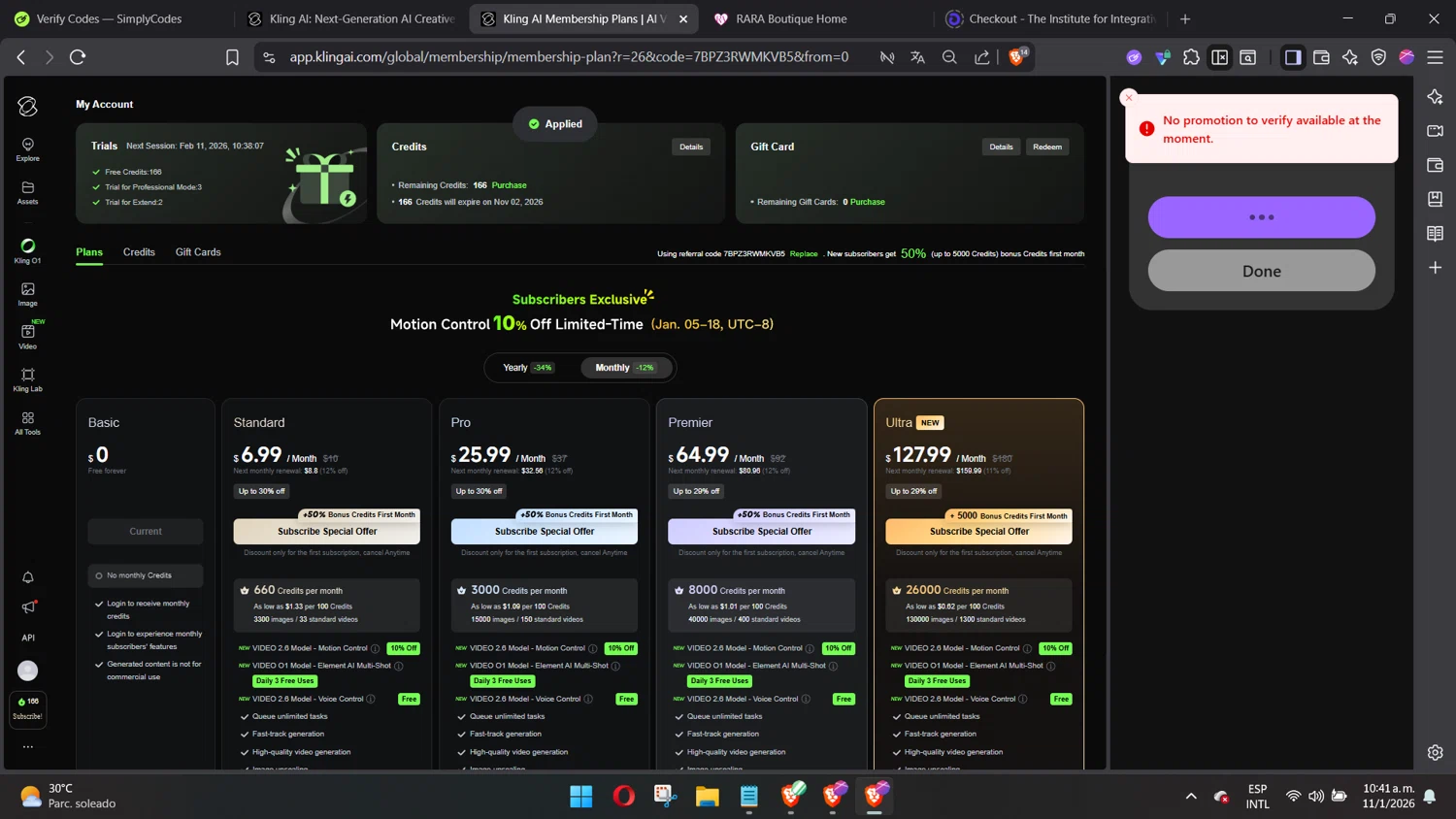 Kling AI checkout page showing Kling AI promo code box | Screenshot taken by SimplyCodes community member on Jan 11, 2026