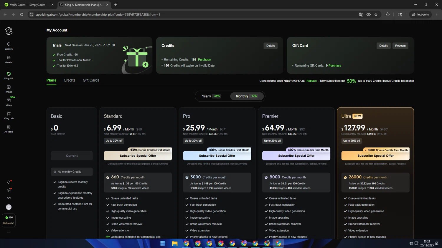 Kling AI checkout page showing Kling AI promo code box | Screenshot taken by SimplyCodes community member on Dec 27, 2025