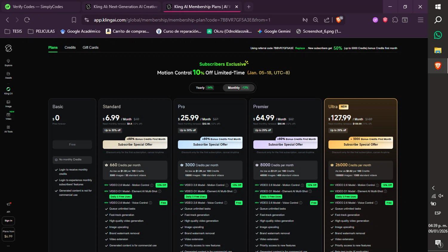 Kling AI promo code screenshot showing code 7BBVR7GF5A3E applied at Kling AI checkout page. Uploaded by SimplyCodes community member xXdevoragoticas69Xx on Jan 9, 2026