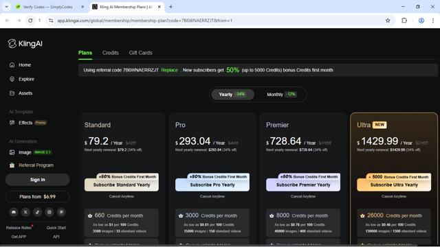 Kling AI checkout page showing Kling AI promo code box | Screenshot taken by SimplyCodes community member on Sep 14, 2025