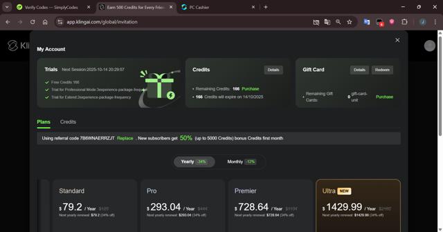 Kling AI checkout page showing Kling AI promo code box | Screenshot taken by SimplyCodes community member on Sep 14, 2025