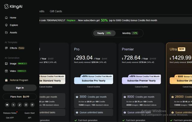 Kling AI checkout page showing Kling AI promo code box | Screenshot taken by SimplyCodes community member on Sep 21, 2025