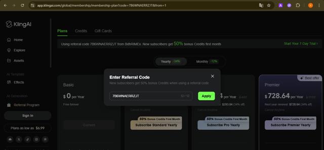 Kling AI checkout page showing Kling AI promo code box | Screenshot taken by SimplyCodes community member on Aug 19, 2025