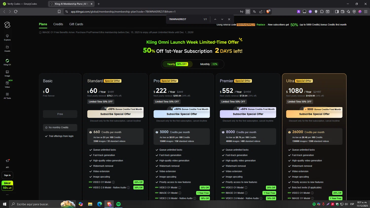 Kling AI promo code screenshot showing code 7B6WNAERRZJT applied at Kling AI checkout page. Uploaded by SimplyCodes community member Tragedy on Dec 11, 2025