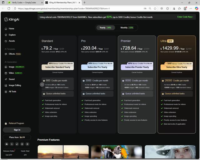 Kling AI checkout page showing Kling AI promo code box | Screenshot taken by SimplyCodes community member on Sep 5, 2025
