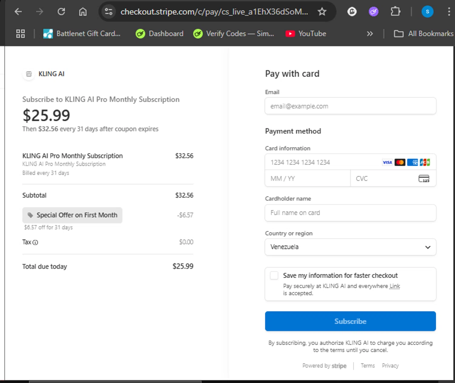 Kling AI promo code screenshot showing code 7BG2K8YK8HWW applied at Kling AI checkout page. Uploaded by SimplyCodes community member Giyuuu on Aug 21, 2025