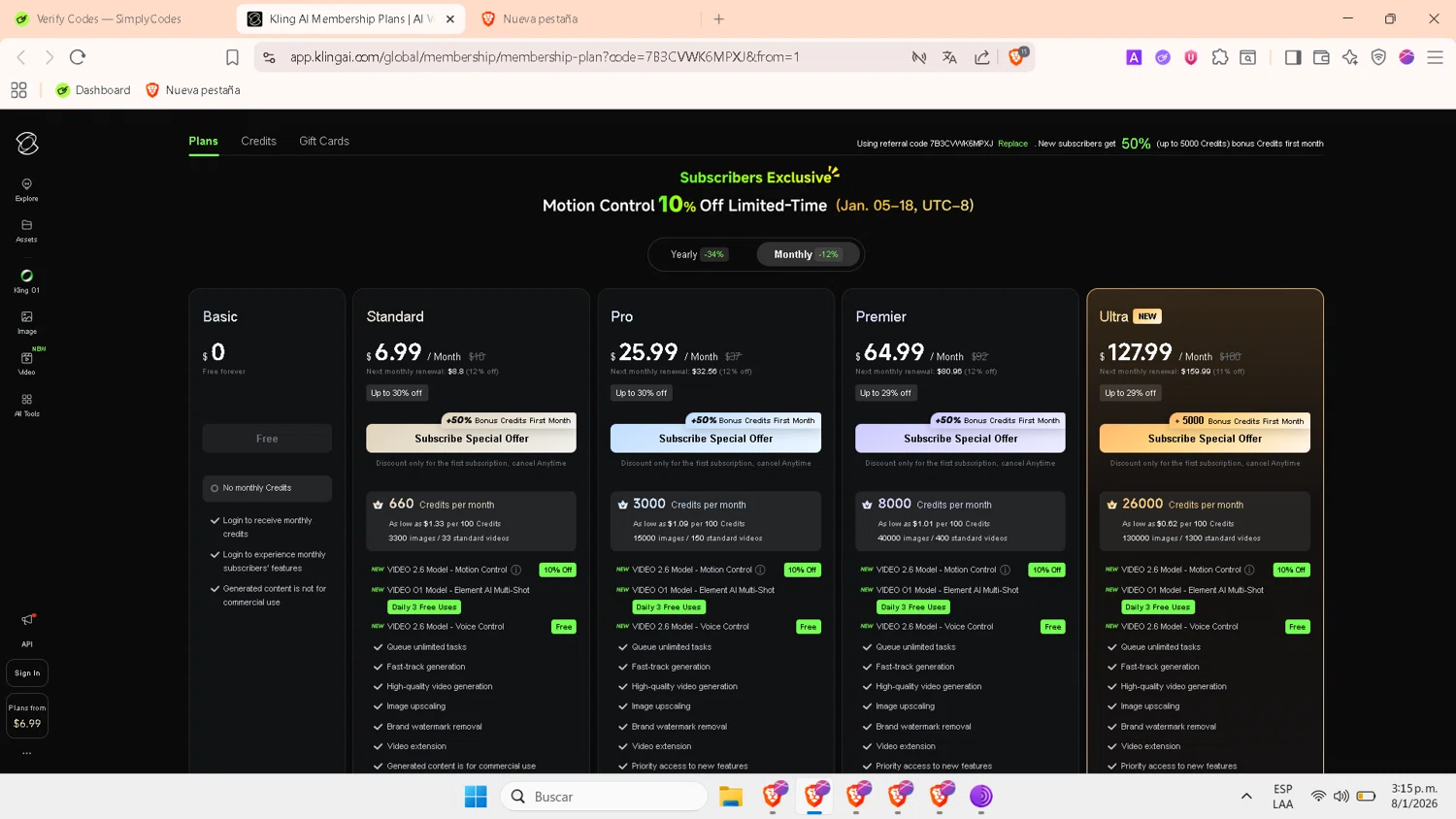 Kling AI checkout page showing Kling AI promo code box | Screenshot taken by SimplyCodes community member on Jan 8, 2026