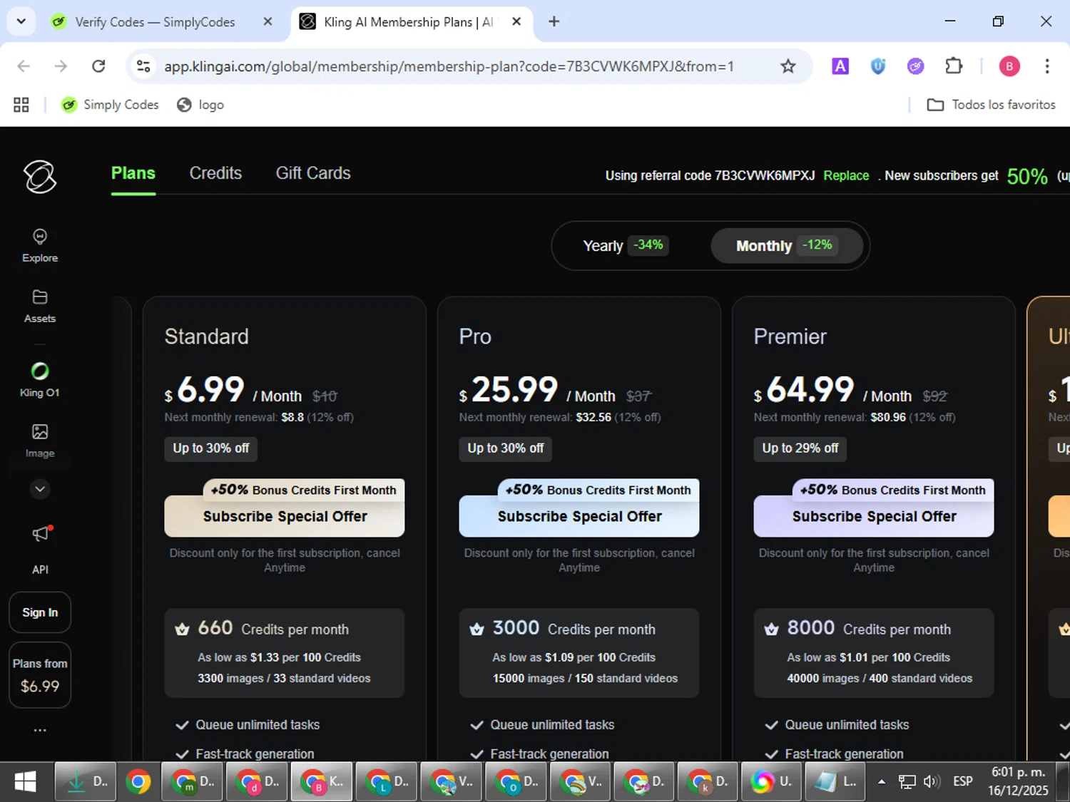 Kling AI promo code screenshot showing code 7B3CVWK6MPXJ applied at Kling AI checkout page. Uploaded by SimplyCodes community member bombontropical on Dec 16, 2025