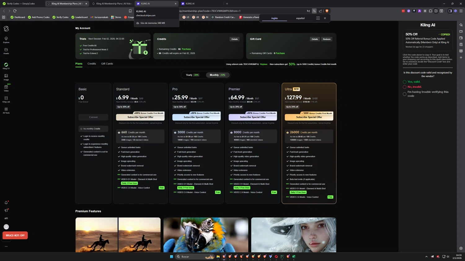 Kling AI promo code screenshot showing code 7B3CVWK6MPXJ applied at Kling AI checkout page. Uploaded by SimplyCodes community member ilarrazam7 on Jan 2, 2026