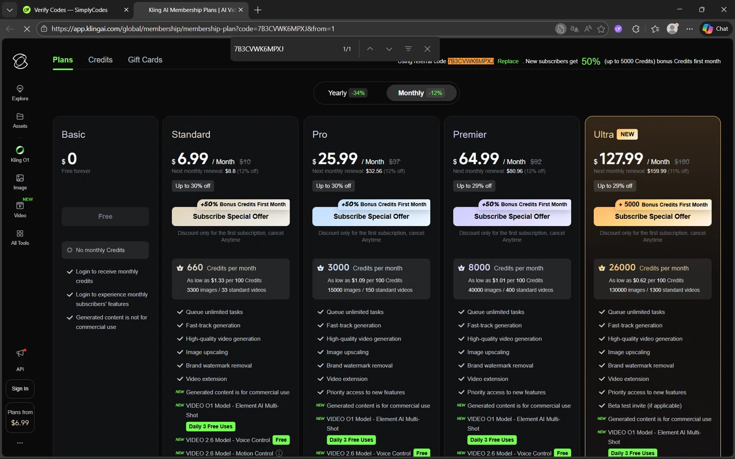 Kling AI promo code screenshot showing code 7B3CVWK6MPXJ applied at Kling AI checkout page. Uploaded by SimplyCodes community member juan1702 on Dec 28, 2025