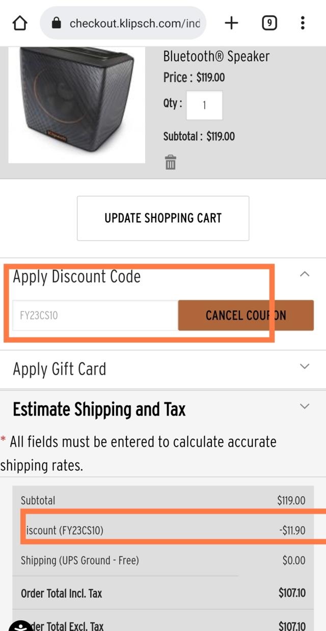 Klipsch checkout page showing Klipsch discount code box | Screenshot taken by SimplyCodes community member on Jul 2, 2022