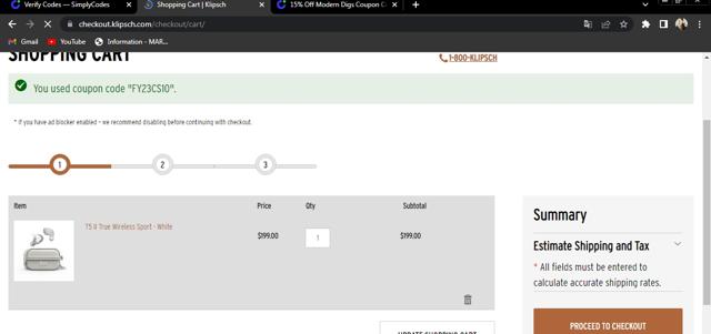 Klipsch checkout page showing Klipsch discount code box | Screenshot taken by SimplyCodes community member on Aug 1, 2022