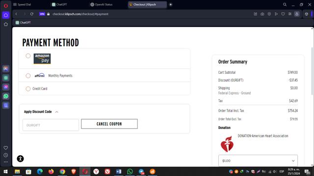 Klipsch checkout page showing Klipsch discount code box | Screenshot taken by SimplyCodes community member on Jan 25, 2024