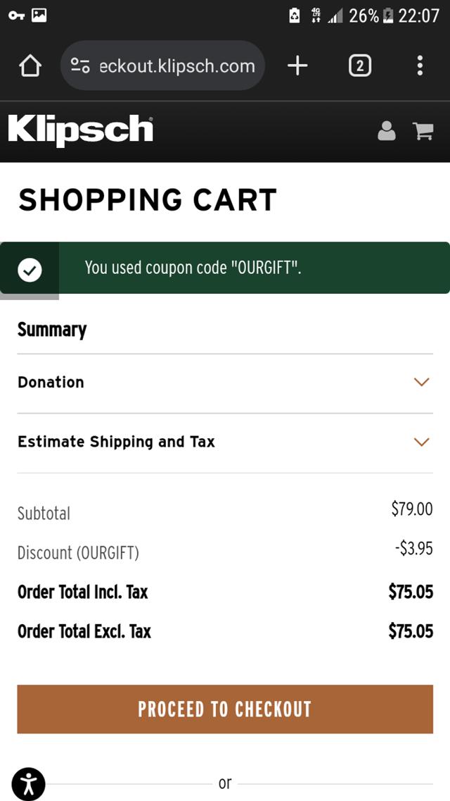 Klipsch checkout page showing Klipsch discount code box | Screenshot taken by SimplyCodes community member on Nov 28, 2023