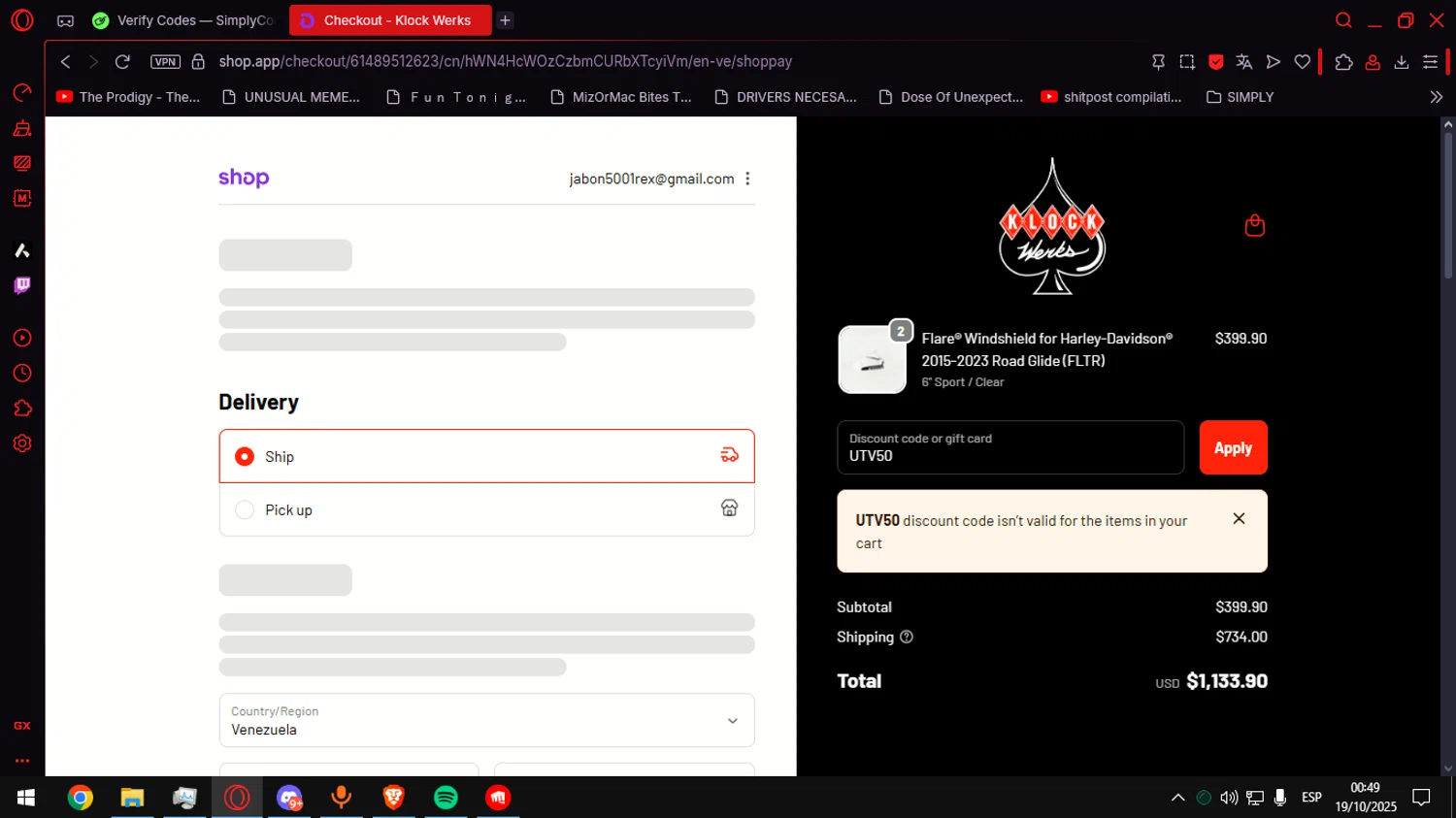 Klock Werks discount code screenshot showing code UTV50 applied at Klock Werks checkout page. Uploaded by SimplyCodes community member Anteserachido on Oct 19, 2025