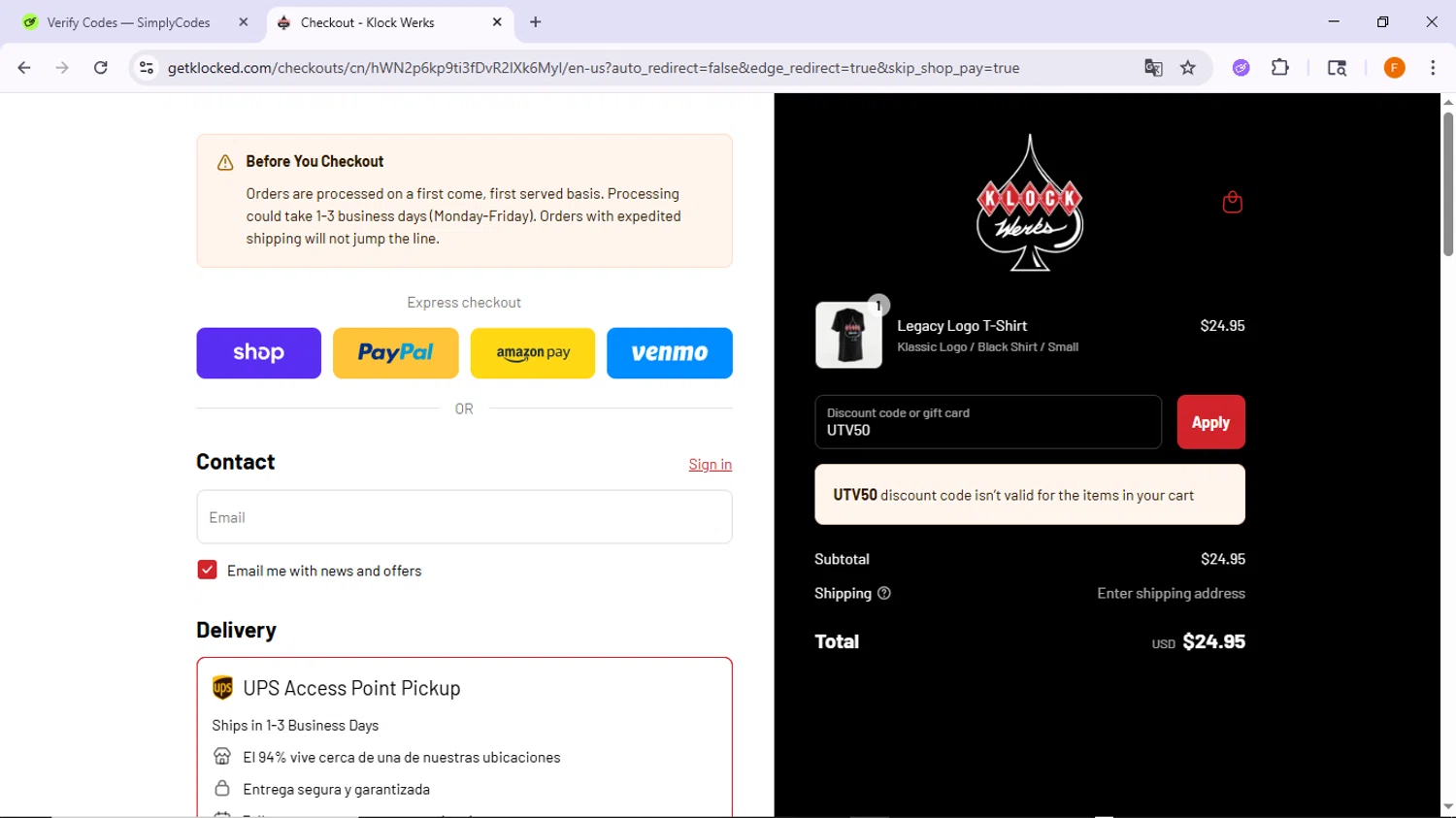 Klock Werks discount code screenshot showing code UTV50 applied at Klock Werks checkout page. Uploaded by SimplyCodes community member TreasureSleuth5198 on Sep 10, 2025