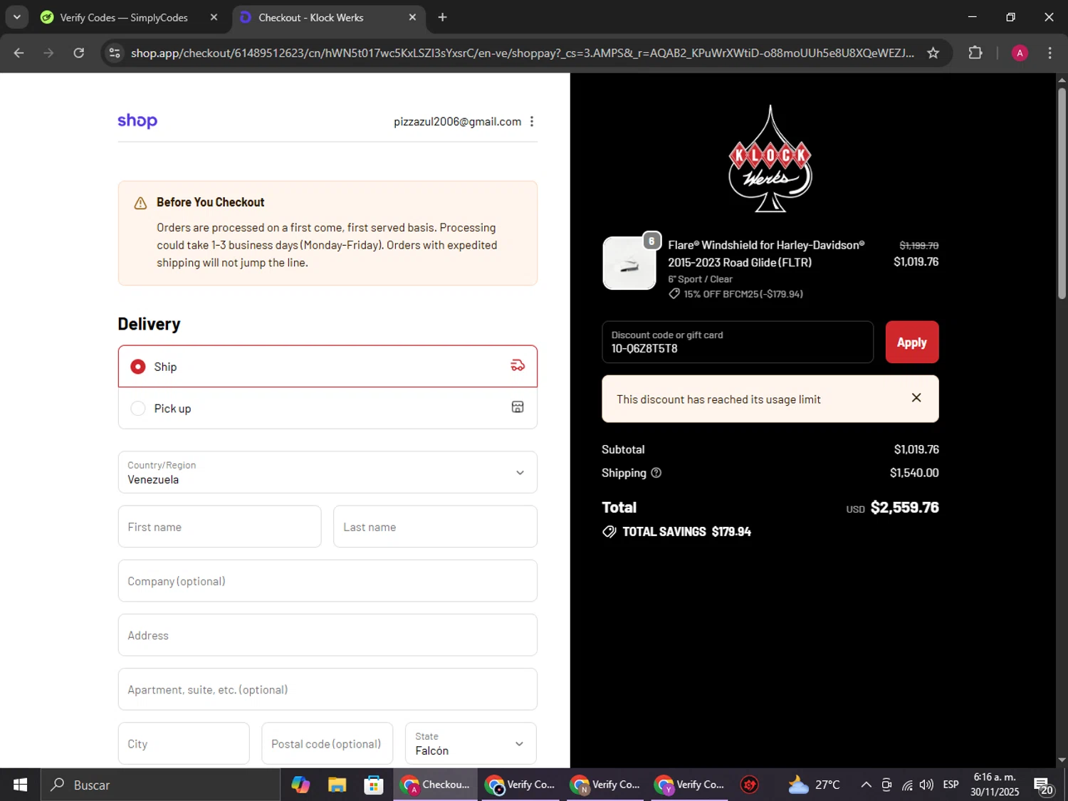Klock Werks discount code screenshot showing code 10-Q6Z8T5T8 applied at Klock Werks checkout page. Uploaded by SimplyCodes community member BMWGS1200 on Nov 30, 2025